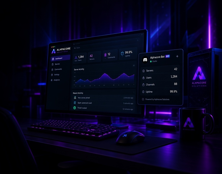 A desktop showing an AlphaCore dashboard beside a glowing violet A.